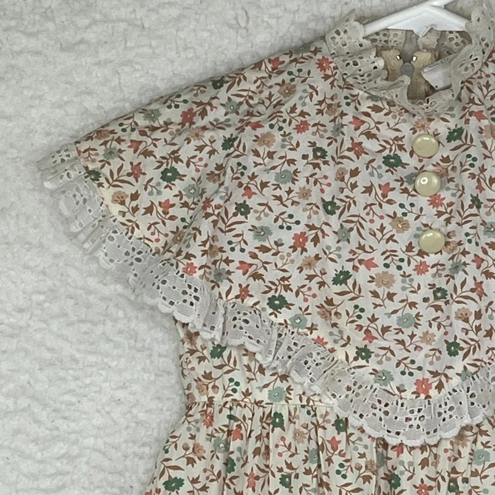 Vintage Floral Prairie Dress Girls 5 Maxi Tiered Lace Cottagecore Little House